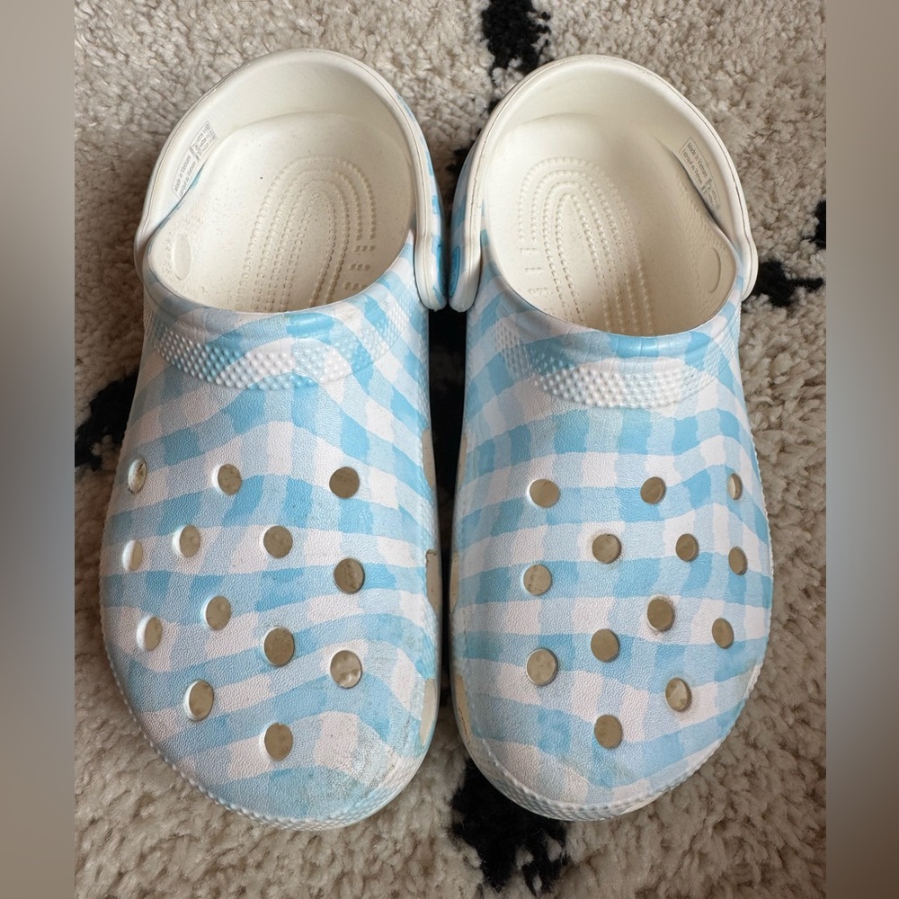 Crocs Blue and White Gingham Clogs